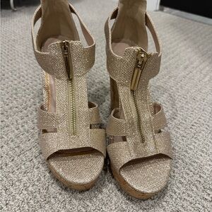 Glitter Zip-Front Wedge Sandals in Gold